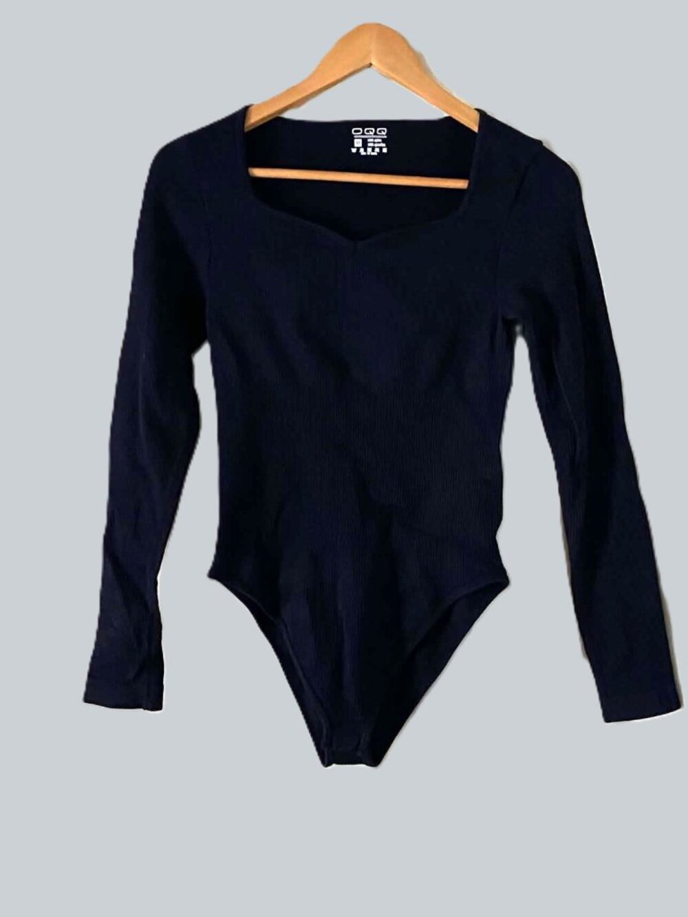OQQ Women's Medium Navy Ribbed Long Sleeve Bodysuit Scoop Neck Stretch
